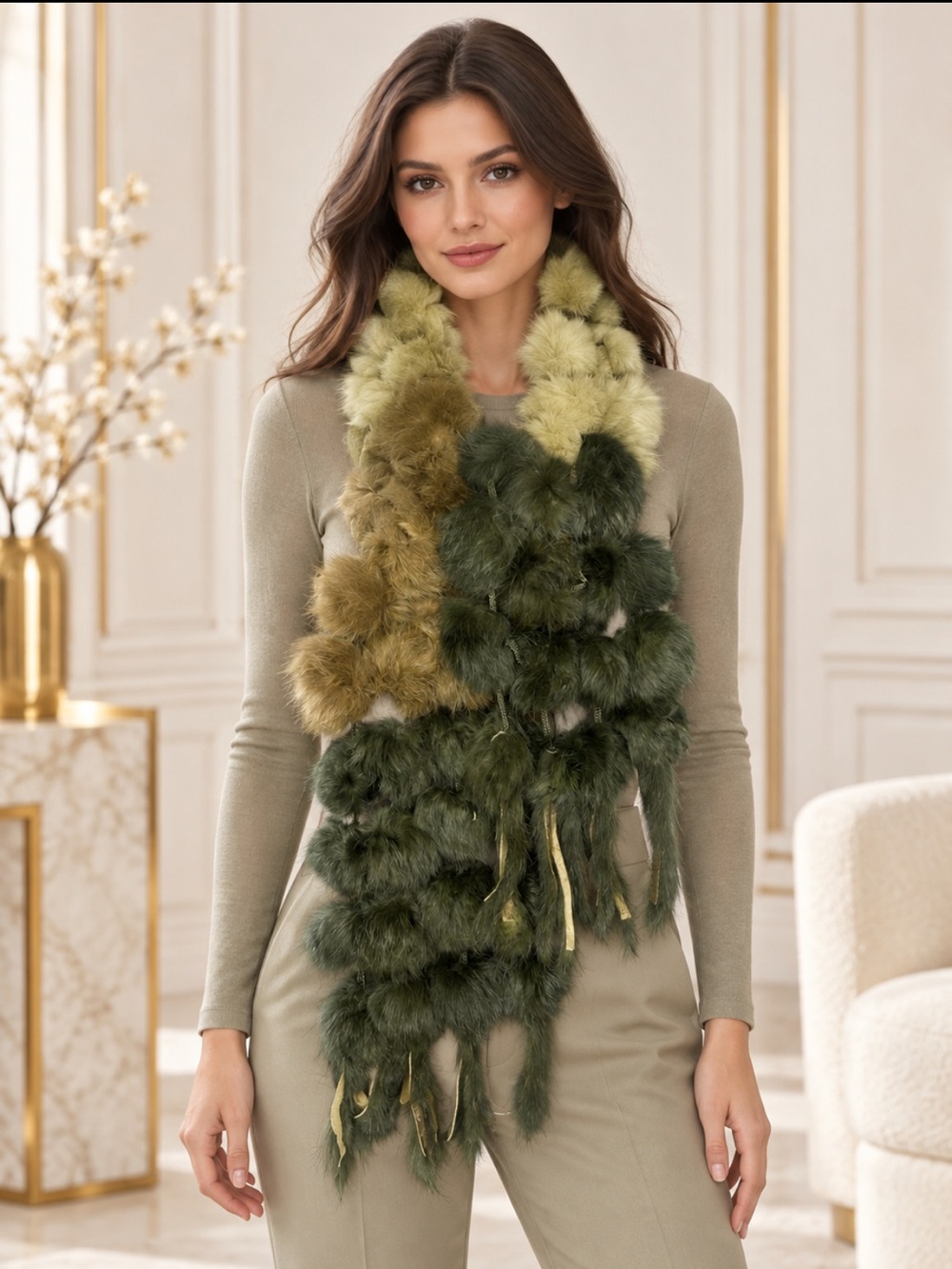 Gorgeous Olive Gradient rabbit Fur Pom Pom Scarf ❤️52x5